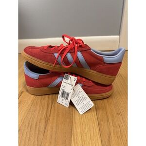 adidas Red Suede Sneakers with Light Blue Stripes and Gum Sole